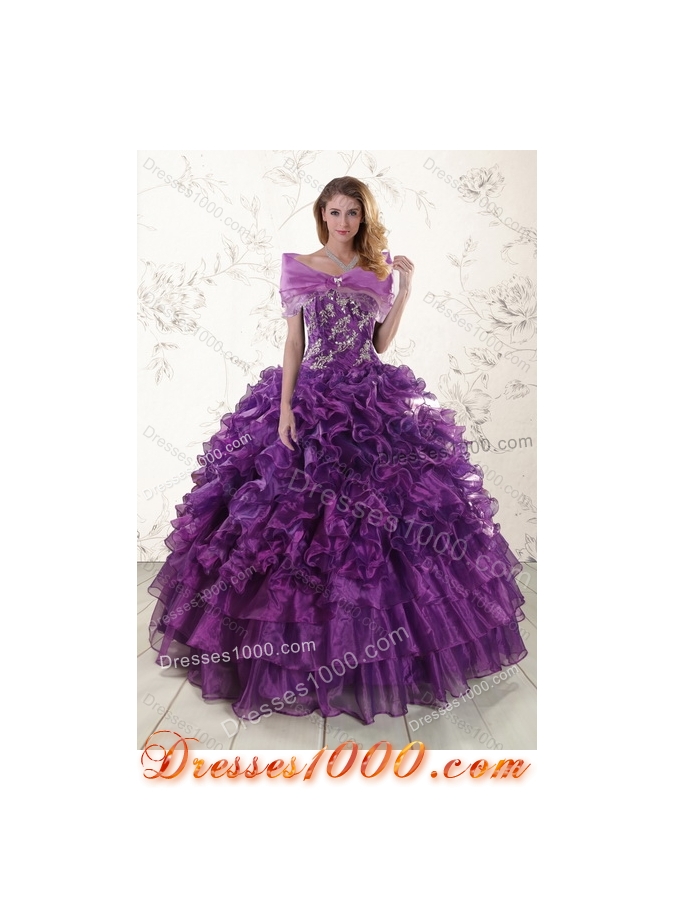 Designer Purple Strapless Appliques and Ruffles Quince Dresses for 2015