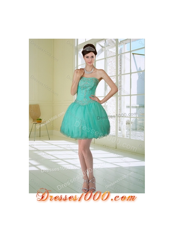 Fashionable Apple Green Strapless Quince Dress with Appliques and Beading for 2015