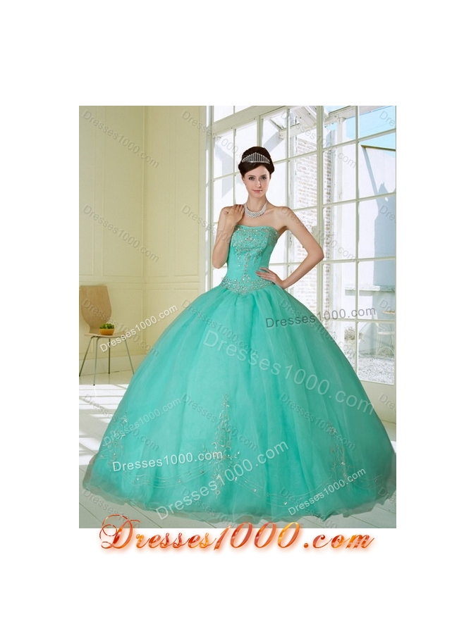 Fashionable Apple Green Strapless Quince Dress with Appliques and Beading for 2015