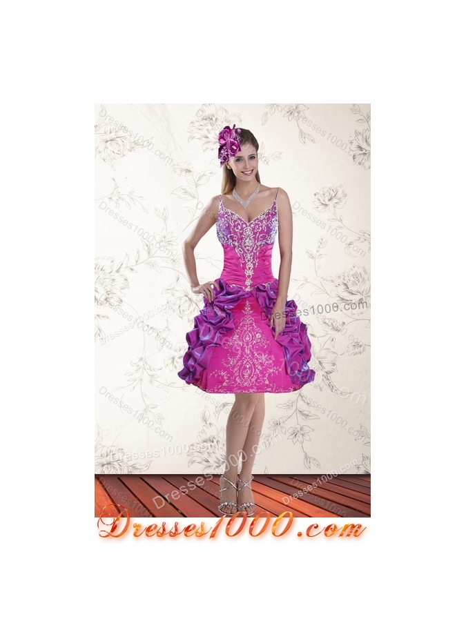 Multi Color Sweep Train 2015 Quince Dresses with Pick Ups and Embroidery