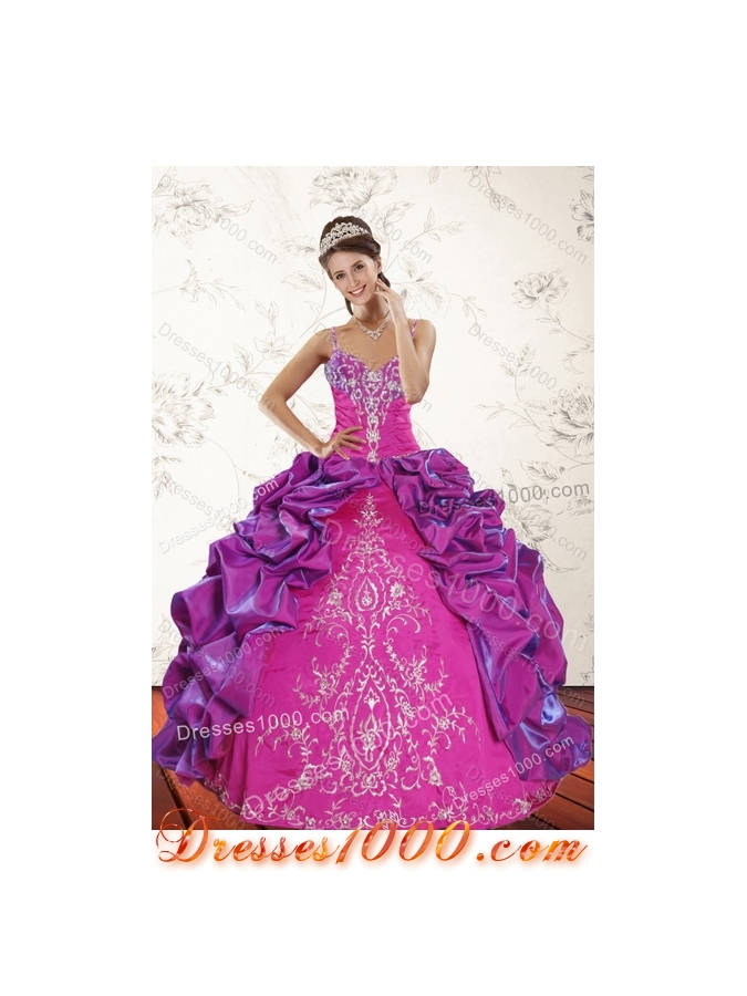Multi Color Sweep Train 2015 Quince Dresses with Pick Ups and Embroidery