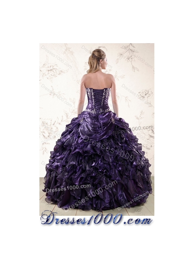 Purple Sweetheart Floor Length Quince Gowns Embroidery and Ruffles