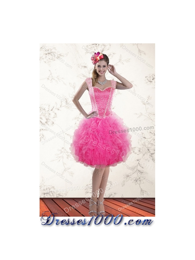 2015 Designer Hot Pink Quinceanera Dresses with Beading and Ruffles