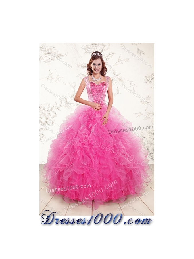 2015 Designer Hot Pink Quinceanera Dresses with Beading and Ruffles
