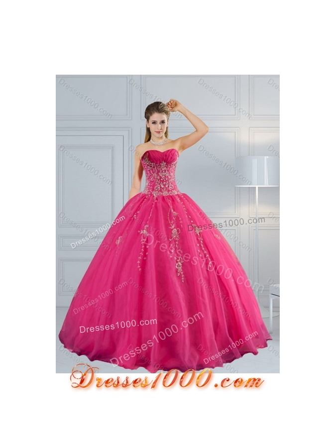 2015 Detachable Hot Pink Sweetheart Quinceanera Dress with Appliques and Beading