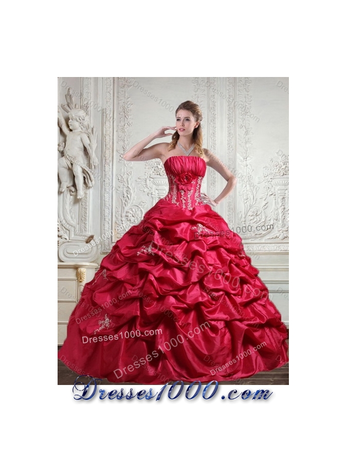2015 Detachable Strapless Red Quinceanera Dress with Appliques and Pick Ups