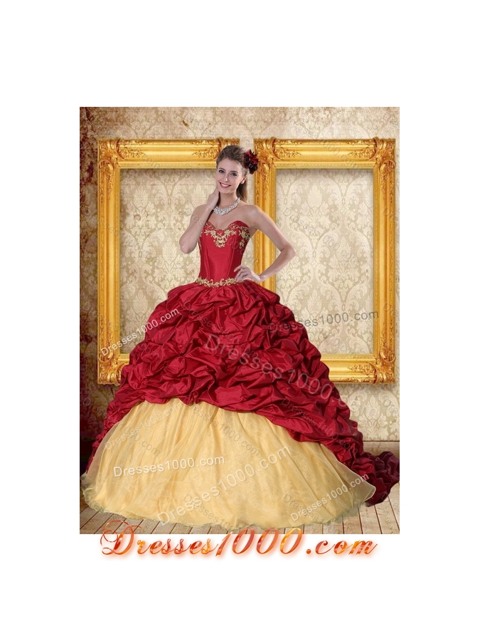 Designer 2015 Sweetheart Wine Red Brush Train Quinceanera Dress with Beading