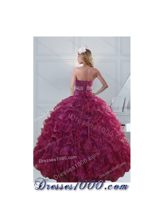Detachable Burgundy Sweet 15 Dresses with Beading and Ruffles