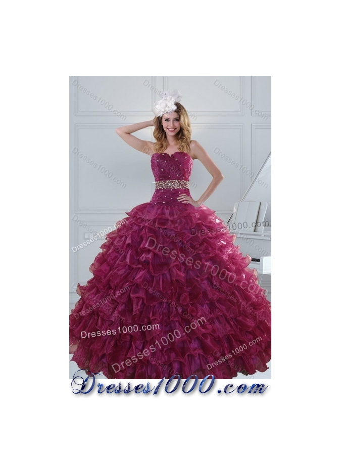 Detachable Burgundy Sweet 15 Dresses with Beading and Ruffles