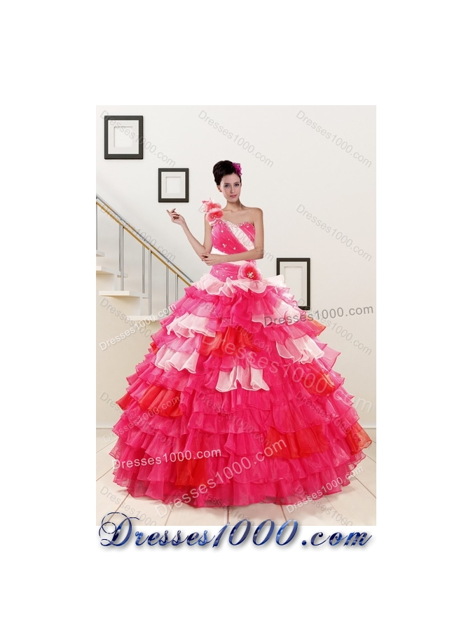 Detachable One Shoulder Ruffled Layers and Beading Multi Color Quinceanera Dresses for 2015
