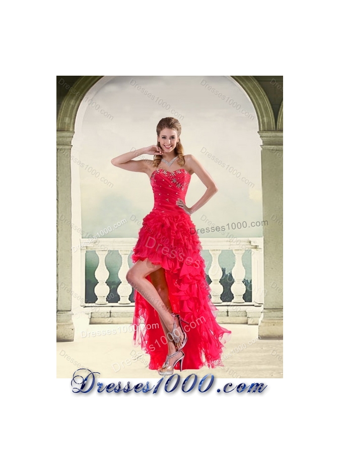 Detachable Red Strapless Quinceanera Dress with Ruffles and Beading