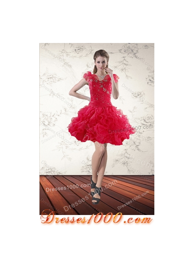Detachable Red Sweetheart Dresses for Quince with Ruffles and Beading
