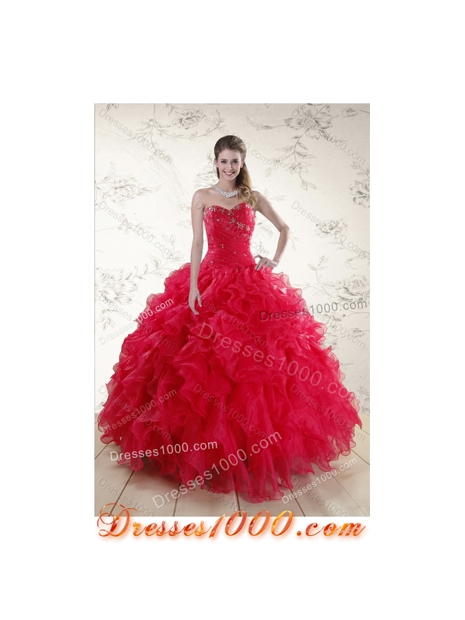 Detachable Red Sweetheart Dresses for Quince with Ruffles and Beading
