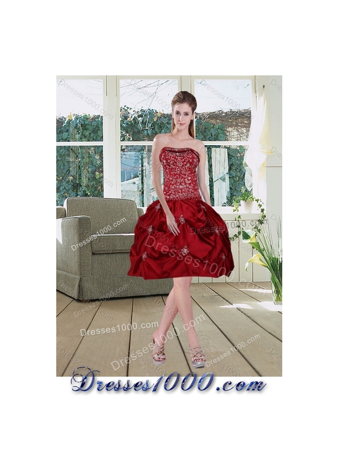 Detachable Wine Red Strapless Quinceanera Gown with Embroidery and Pick Ups