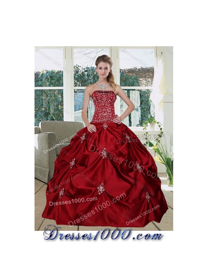 Detachable Wine Red Strapless Quinceanera Gown with Embroidery and Pick Ups