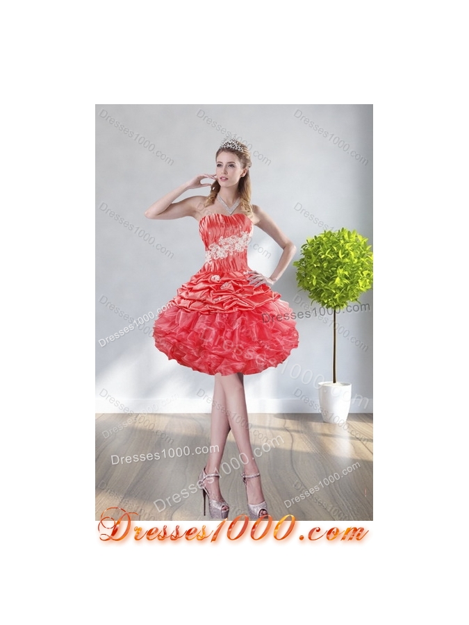 Romantic Watermelon Red Quince Dresses with Appliques and Ruffles