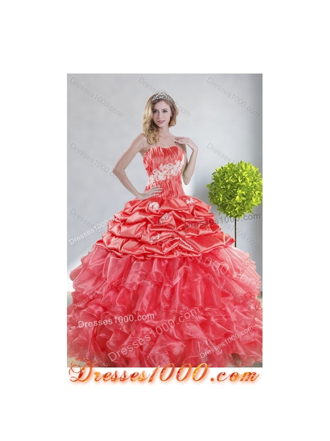 Romantic Watermelon Red Quince Dresses with Appliques and Ruffles