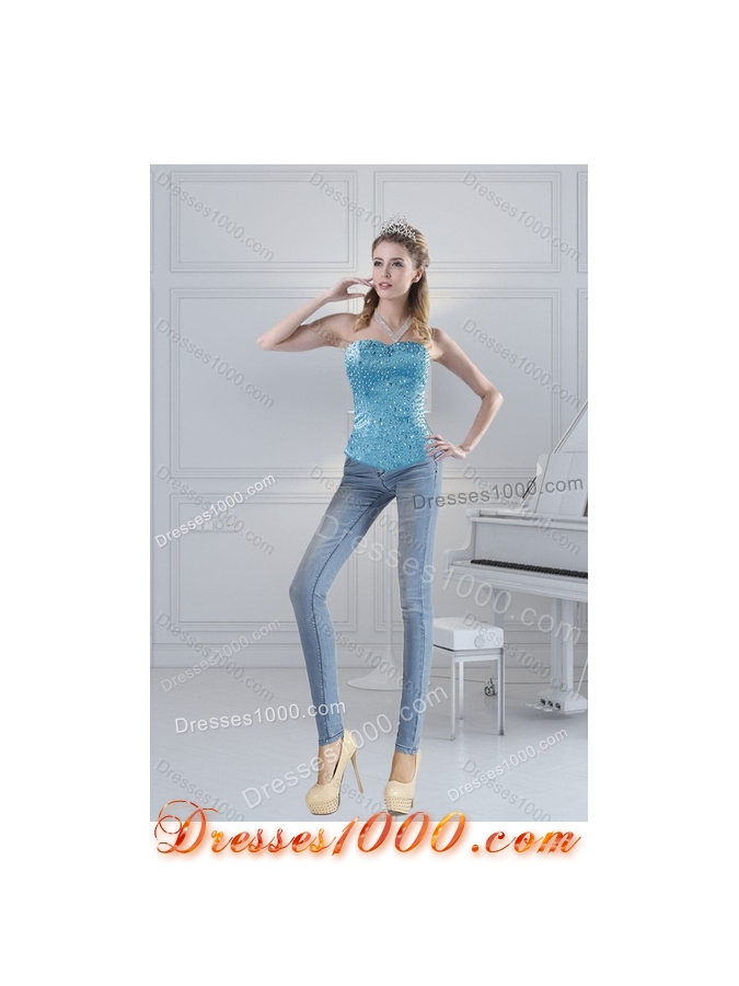 2015 Detachable Baby Blue Quince Dresses with Beading and Ruffles