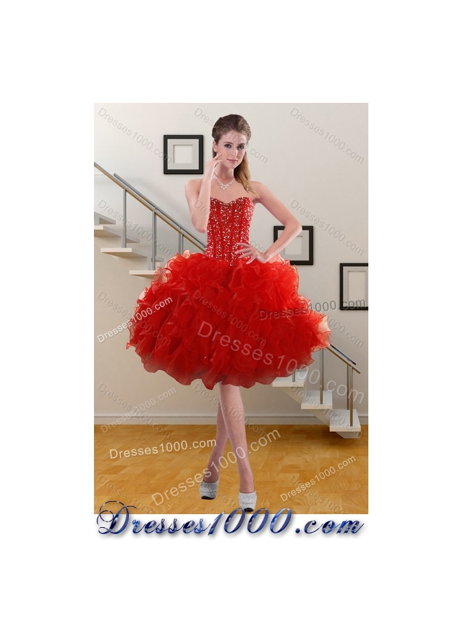 2015 Detachable Red Sweetheart Quince Dresses with Beading and Ruffles