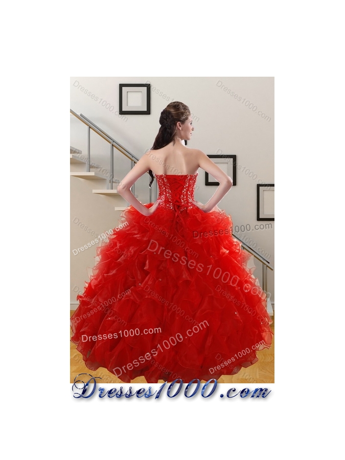 2015 Detachable Red Sweetheart Quince Dresses with Beading and Ruffles