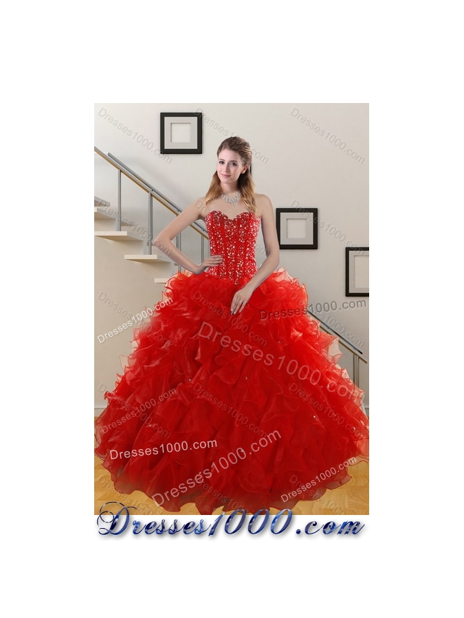 2015 Detachable Red Sweetheart Quince Dresses with Beading and Ruffles