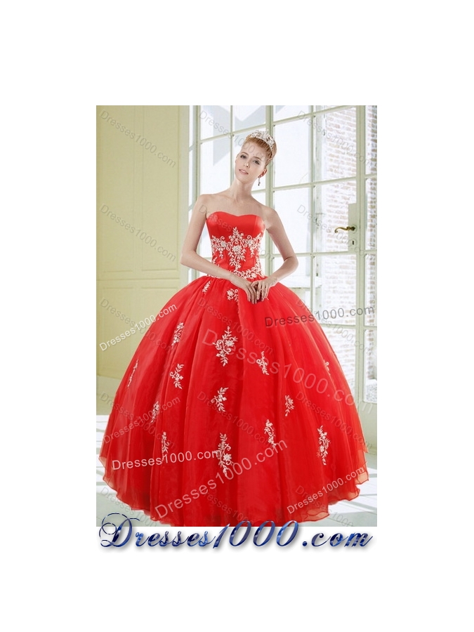 2015 Exquisite and Detachable Strapless Red Quince Dresses With Appliques