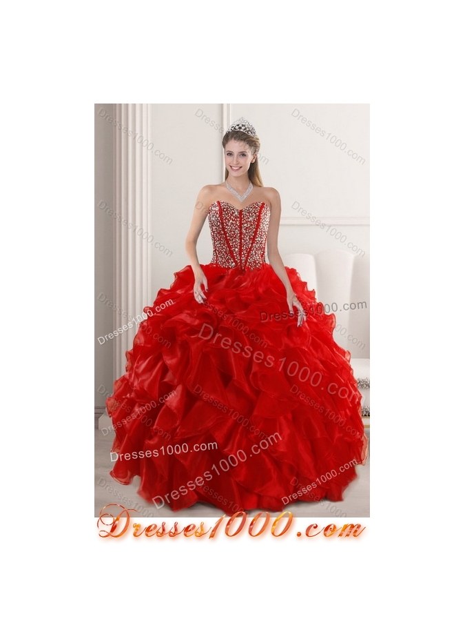 2015 Fashionable and Newest Beading and Ruffles Quince Dress in Red