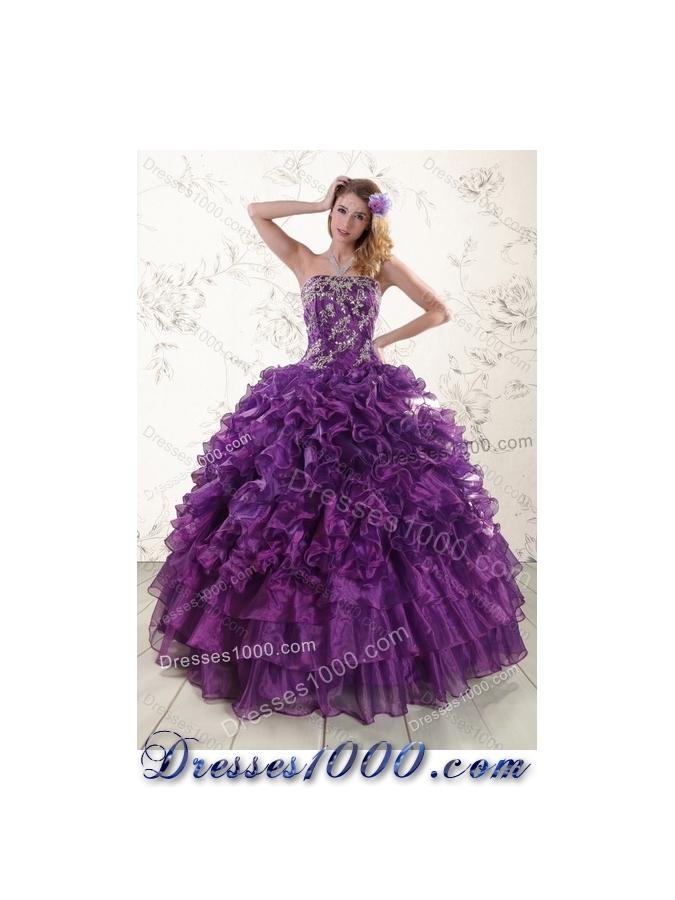 2015 Fashionable Purple Dresses for Quince with Appliques and Ruffles