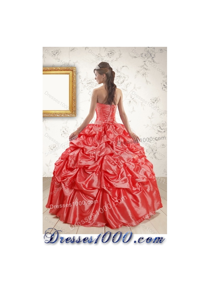 2015 Fashionable Strapless Coral Red Quinceanera Dresses with Pick Ups and Beading