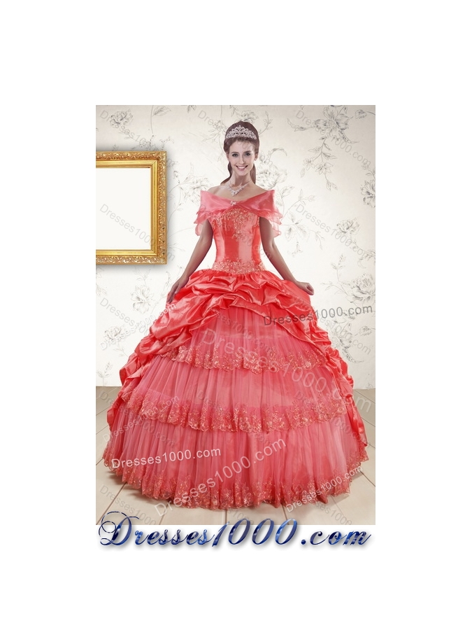 2015 Fashionable Strapless Coral Red Quinceanera Dresses with Pick Ups and Beading