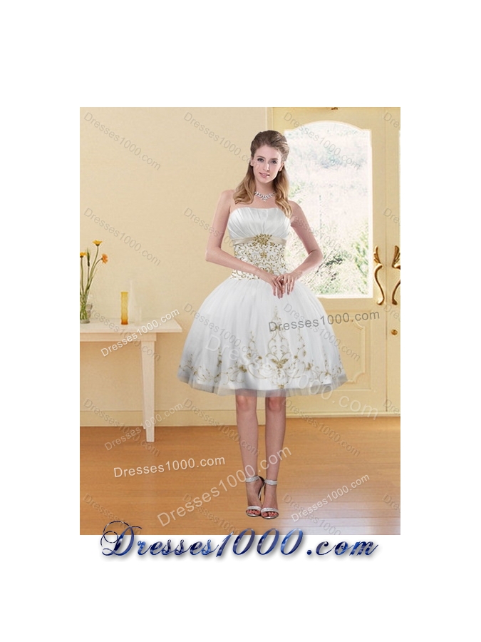 Detachable 2015 Strapless Embroidery White and Gold Quinceanera Dresses