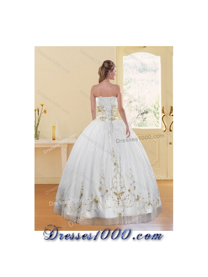 Detachable 2015 Strapless Embroidery White and Gold Quinceanera Dresses
