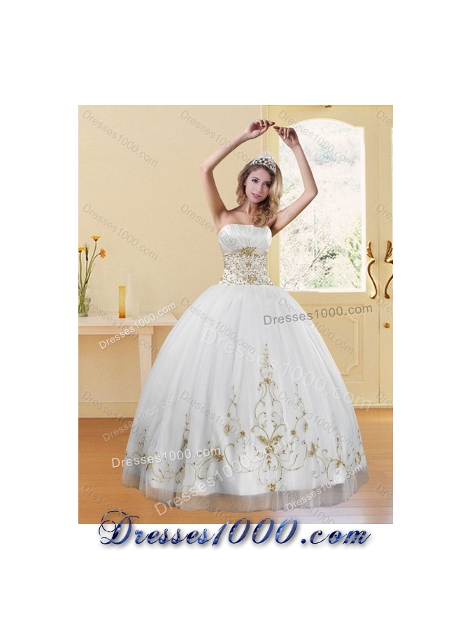 Detachable 2015 Strapless Embroidery White and Gold Quinceanera Dresses