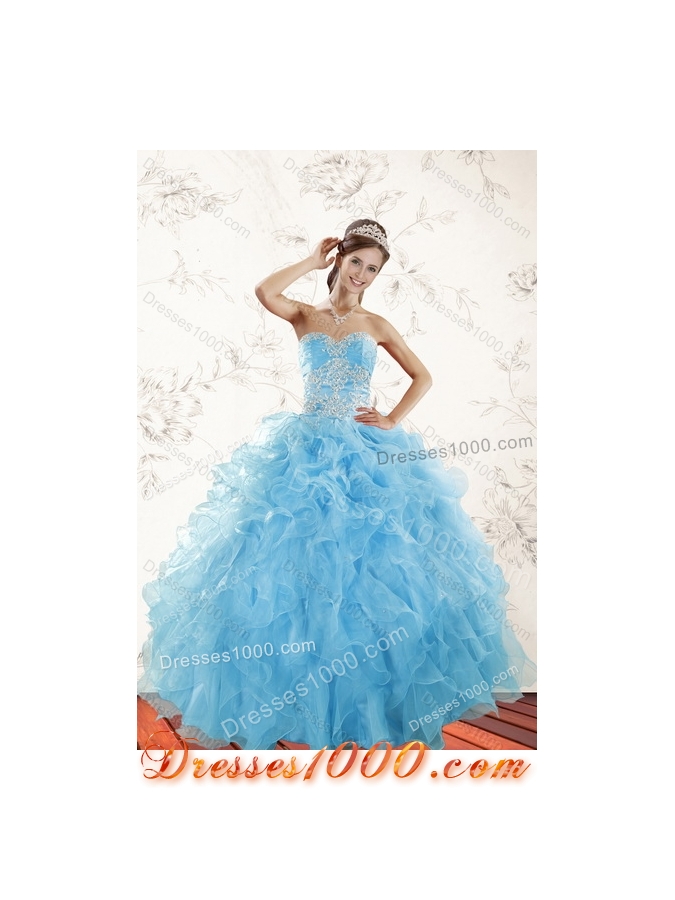Detachable Baby Blue Sweetheart 2015 Sweet 15 Dresses with Embroidery and Ruffles