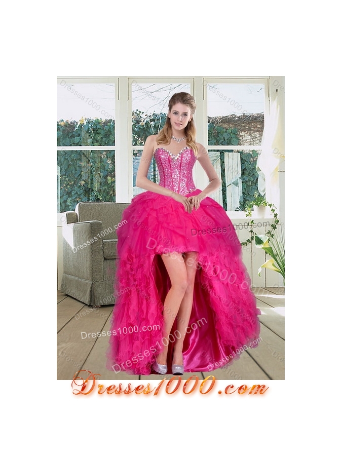Detachable Hot Pink Sweetheart Dress for Quince with Ruffles and Beading