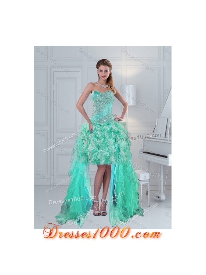 Detachable Sweetheart Quinceanera Dresses in Apple Green with Ruffles and Beading for 2015
