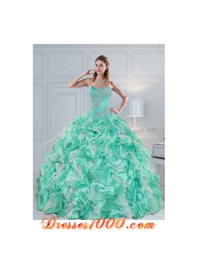Detachable Sweetheart Quinceanera Dresses in Apple Green with Ruffles and Beading for 2015