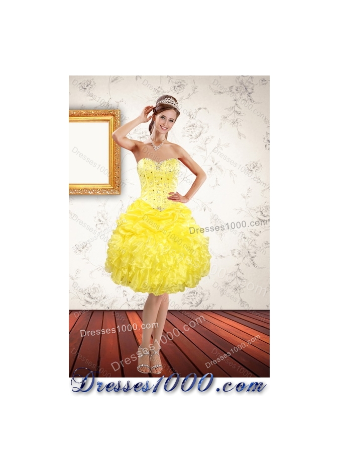 Detachable Yellow 2015 Quince Dresses with Beading and Ruffles