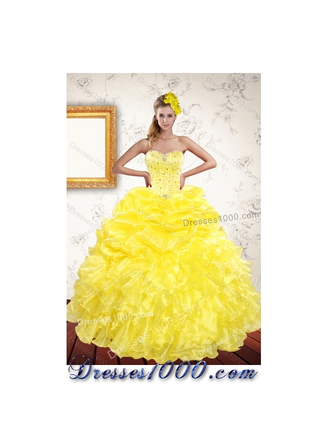 Detachable Yellow 2015 Quince Dresses with Beading and Ruffles