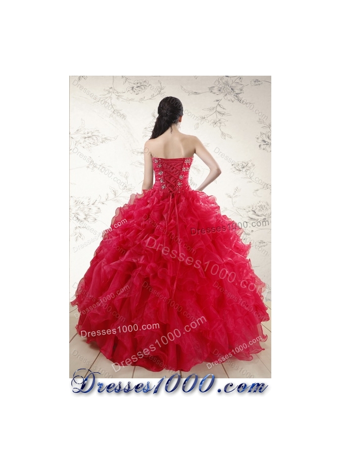 Fashionable Red Sweetheart Quince Dresses with Ruffles and Beading for 2015