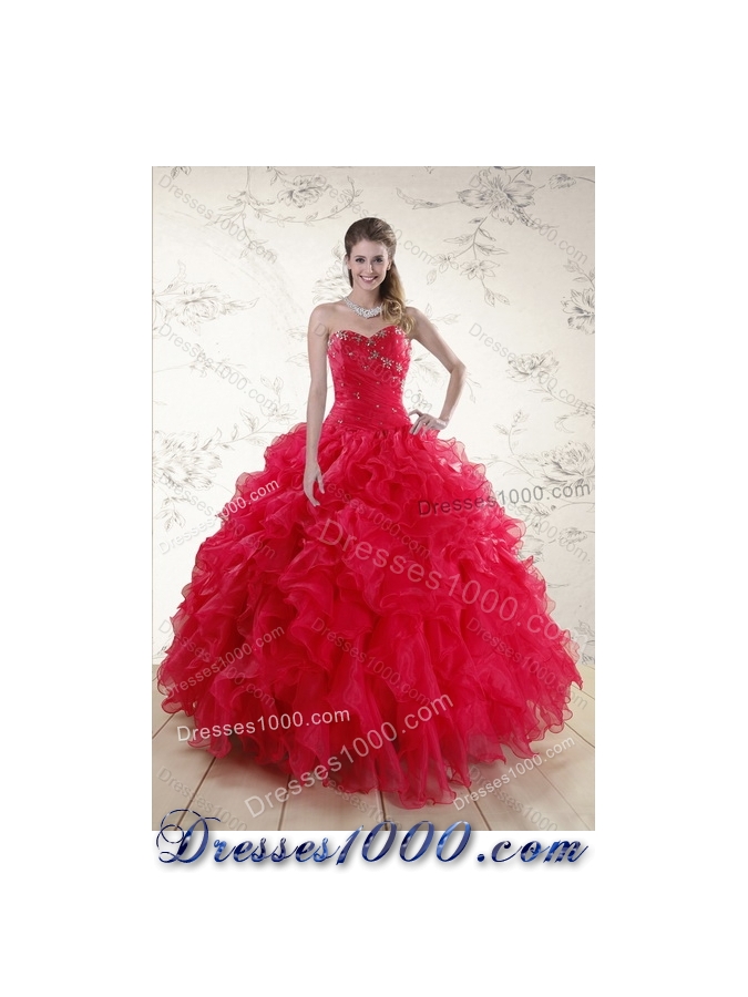 Fashionable Red Sweetheart Quince Dresses with Ruffles and Beading for 2015