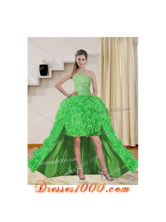 Fashionable Strapless Spring Green Quince Dress with Beading and Ruffles