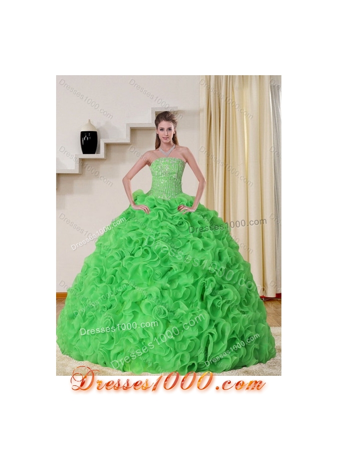 Fashionable Strapless Spring Green Quince Dress with Beading and Ruffles