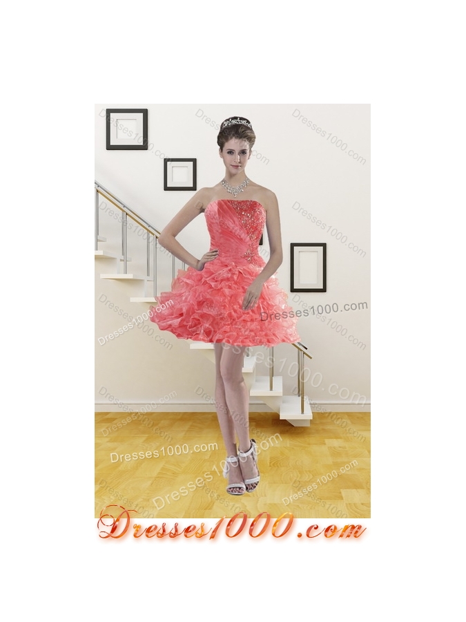 Fashionable Watermelon Red Strapless 2015 Quince Dresses with Beading and Ruffles