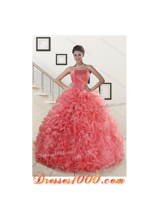 Fashionable Watermelon Red Strapless 2015 Quince Dresses with Beading and Ruffles