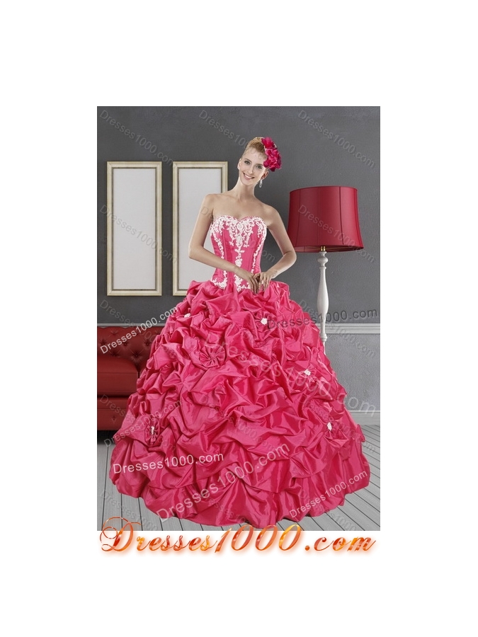 2015 Pretty Hot Pink Sweet 15 Dresses with Pick Ups and Appliques