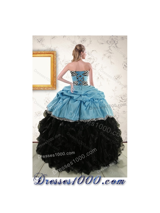 2015 Zebra Print Multi Color Strapless Quinceanera Dresses with Ruffles and Pick Ups