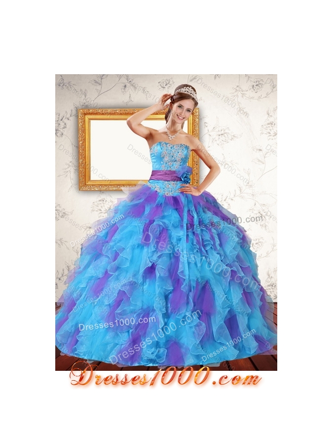 Beaded Strapless Multi Color Quinceanera Dresses with Ruffles and Sash