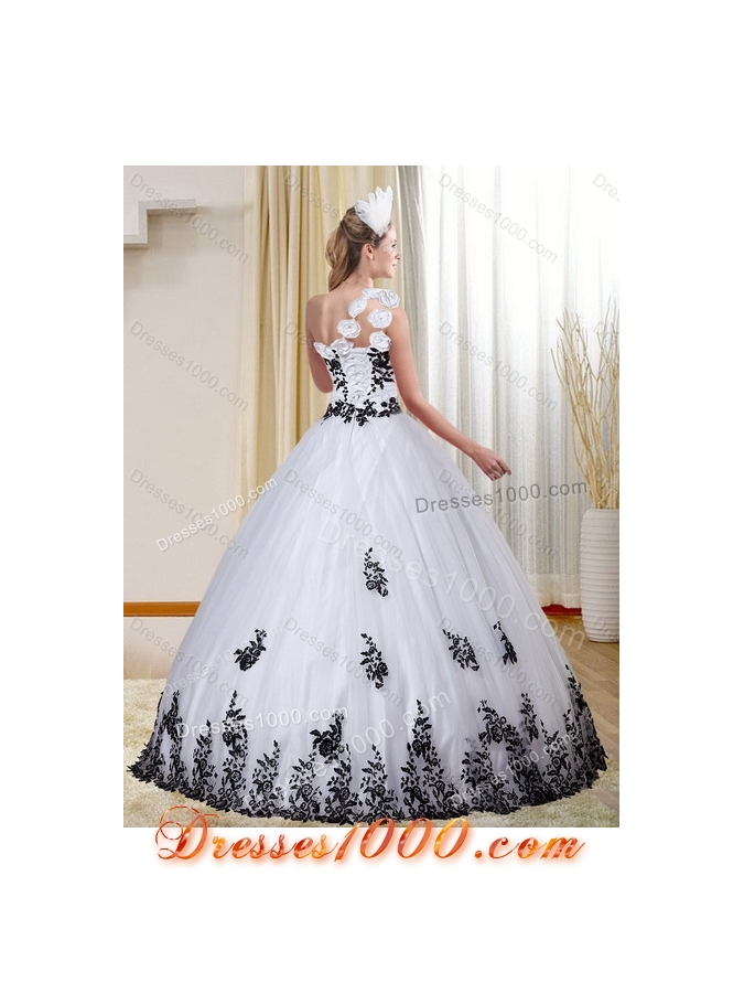 Cheap One Shoulder White and Black Quinceanera Dress with Appliques for 2015