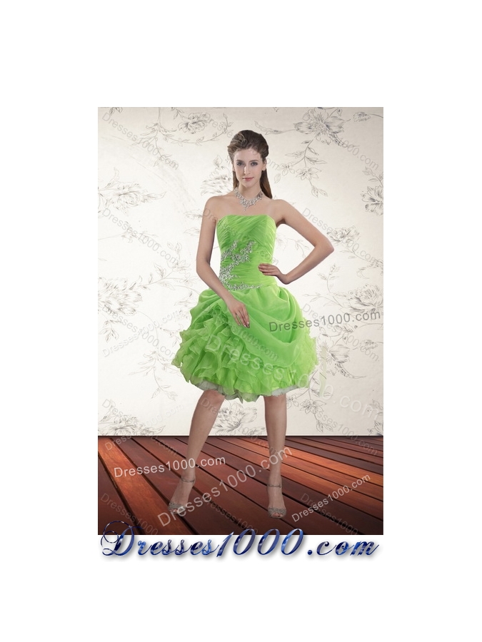 Fashionable 2015 Pick Ups and Beading Quince Gowns in Spring Green
